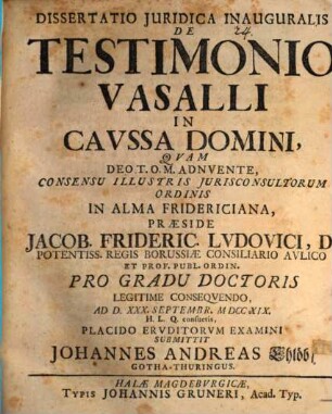 Dissertatio Juridica Inauguralis De Testimonio Vasalli In Cavssa Domini