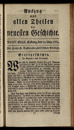 XXXIV. Stück. Coburg, den 21. Aug. 1762.