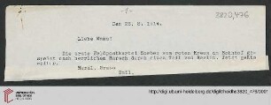 Heid. Hs. 3820,476: Karte von Emil Lask an seine Mutter (Abschrift)