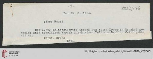 Heid. Hs. 3820,476: Karte von Emil Lask an seine Mutter (Abschrift)