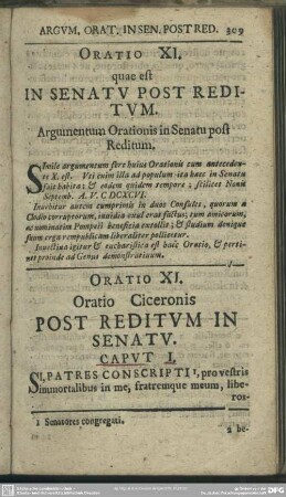 Oratio XI. quae est In Senatu Post Reditum. Argumentum Orationis in Senatu post Reditum