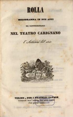 Rolla : melodramma in due atti ; da rappresentarsi nel Teatro Carignano l'autunno del 1840