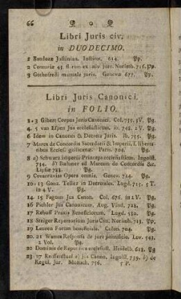 66-76, Libri Juris Canonici in Folio. ... in Quarto. Octavo. Duodecimo.