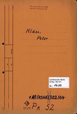 Personenheft Peter Kläss (*23.04.1906, +03.05.1945), SS-Hauptsturmführer