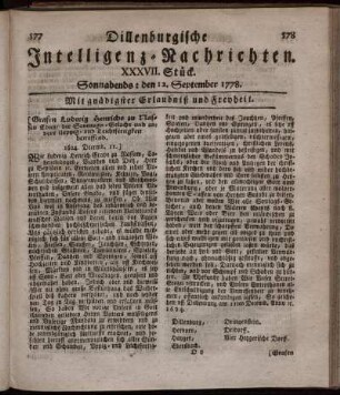 XXXVII. Stück. Sonnabends: den 12. September 1778.