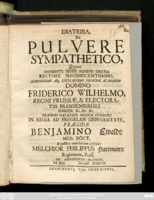 Diatriba, De Pulvere Sympathetico