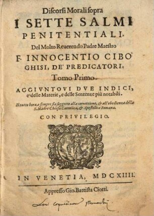 Discorsi Morali sopra I Sette Salmi Penitentiali, 1