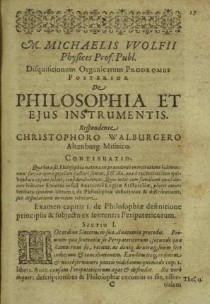Prodromus Michaelis Wolfii ... de philosophia et ejus instrumentis
