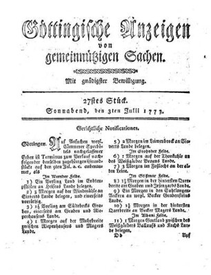 27stes Stück. Sonnabend, den 3ten Julii 1773.