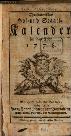 Churbajerischer Hof- und Staats-Calender. 1778