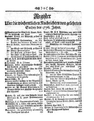 Register Uber die wöchentlichen Nachrichten von gelehrten Sachen des 1776. Jahrs