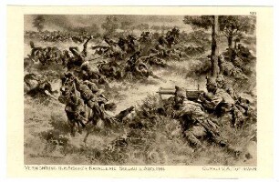 Der Krieg 1914/15 in Postkarten, 51. Reihe, Abt.: Das deutsche Heer; Inhalt: Schlachtenbilder von Prof. A. Hoffman: Nr. 510: Vernichtung russischer Kavallerie bei Soldau 05.08.1914