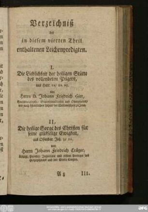 Verzeichniß der in diesem vierten Theil enthaltenen Leichenpredigten.
