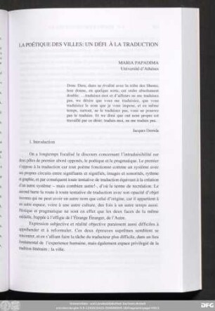 La Poétique Des Villes: Un Défi À La Traduction Maria Papadima