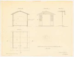 Gartendirektion, Köln: Entwurf zu einem Gartenhäuschen, Grundriss, Ansicht und Schnitt, 1:20, Perspektivische Ansicht