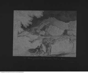 Raccolta di paesi di Gaspare Dughet detto Pussino / incisi all'acqua forte da A. Heydeck in Dessau 1849; Paris 1849, Taf. 14: Bergige Landschaft mit vier Figuren im Vordergrund