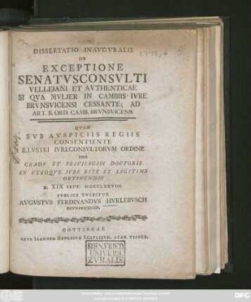 Dissertatio Inavgvralis De Exceptione Senatvsconsvlti Velleiani Et Avthenticae Si Qva Mvlier In Cambiis Ivre Brvnsvicensi Cessante; Ad Art. II. Ord. Camb. Brvnsvicens.