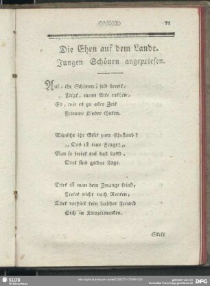 Die Ehen auf dem Lande : Jungen Schönen angepriesen