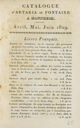 1829: Catalogue d'Artaria & Fontaine à Mannheim