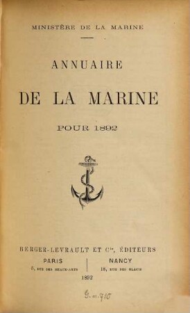 Annuaire de la Marine : pour ... ; réserve. 1892