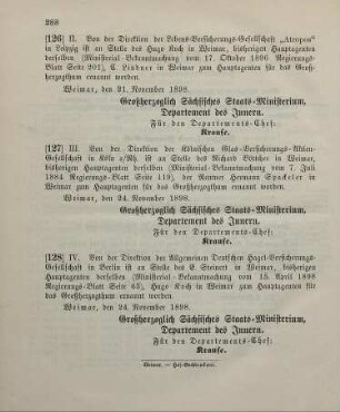 127. Ministerial-Bekanntmachung, betreffend Wechsel in der Hauptagentur der Kölnischen Glas-Versicherungs-Aktien-Gesellschaft in Köln a/Rh.