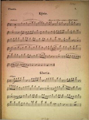 Meße in C-Dur : für Sopran, Alt, Baß, 2 Violinen, Contrabaß u. Orgel obligat ; Tenor u. Viola, Flöte, 2 Clarinetten, 2 Hörner, 2 Trompeten u. Pauken ad lib.