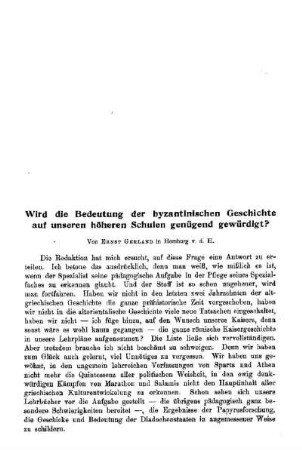 Wird die Bedeutung der byzantinischen Geschichte auf unseren höheren Schulen genügend gewürdigt?