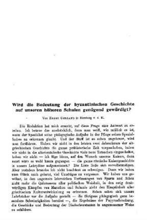 Wird die Bedeutung der byzantinischen Geschichte auf unseren höheren Schulen genügend gewürdigt?