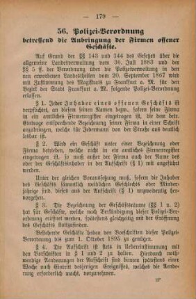 56. Polizei-Verordnung betreffend die Anbringung der Firmen offener Geschäfte.