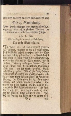 Die 4. Sammlung. Von Verstopfung der monatlichen Reinigung, dem allzu starken Abgang der Monatszeit und dem weißen Flusse