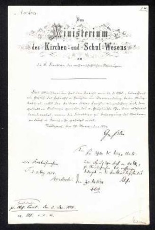 Schreiben des Ministeriums des Kirchen- und Schul-Wesens an die Direktion der wissenschaftlichen Sammlungen