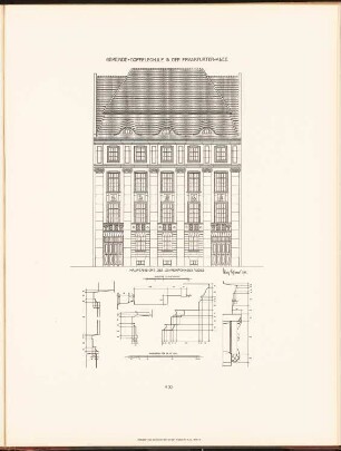 Gemeindedoppelschule in der Frankfurter Allee, Berlin: Ansicht, Details Lehrerwohnhaus (aus: Neubauten der Stadt Berlin, Bd. IX, 1910)