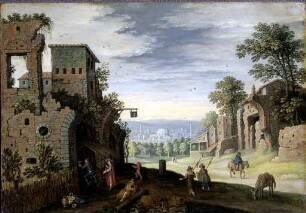 Landschaft mit Ruinen und Blick auf eine Stadt