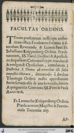 Facultas Ordinis; Approbatio Censorum Ordinis; Censura Librorum Censoris Ordinarii.