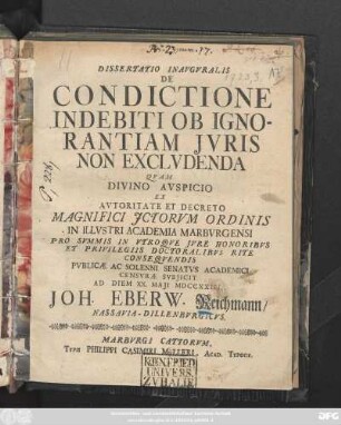 Dissertatio Inavgvralis De Condictione Indebiti Ob Ignorantiam Jvris Non Exclvdenda