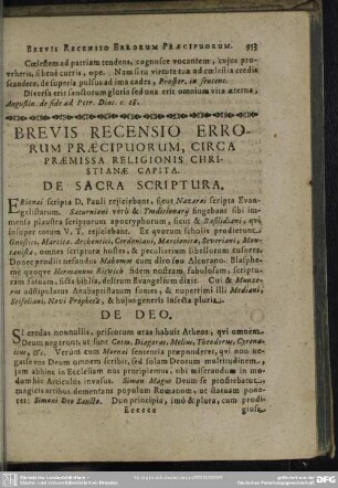 Brevis Recensio Errorum Praecipuorum, Circa Praemissa Religionis Christanae Capita