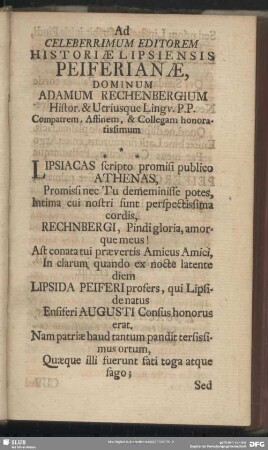 Ad Celeberrimum Editorem Historiae Lipsiensis Peiferianae, Dominum Adamum Rechenbergium