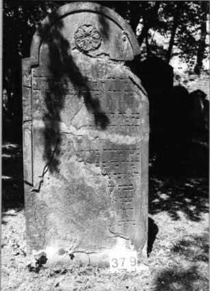 Grabstein 379 (Index: 99629880) Material: Sandstein Zustand: stark abgeblätt/Textverl/gebrochen Maße HxBxT: 150x70x16 cm Beschreibung: Stele mit eingezogenem Rundbogenabschluß, Schriftfeld eingetieft Symbolik: sechsblättrige Blüte: Grabstein 379