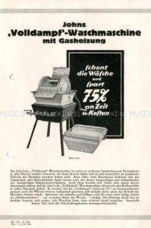 Johns "Volldampf"-Waschmaschine mit Gasheizung, Badewannen und Siedlungskesselöfen mit Gasheizung und Wasch- und Badeeinrichtungen