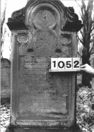 Grabstein 1052 (Index: 99899669) Material: Sandstein Zustand: fast völlig verwittert Maße HxBxT: 177x58x27 cm Beschreibung: aufgesockelte Stele mit eingezogenem Rundbogenabschluss, Akanthusaufsätze auf Einzügen und Giebel, Schriftfeld mit Maßwerkbögen Symbolik: Akanthus: Grabstein 1052 (Detailaufnahme)