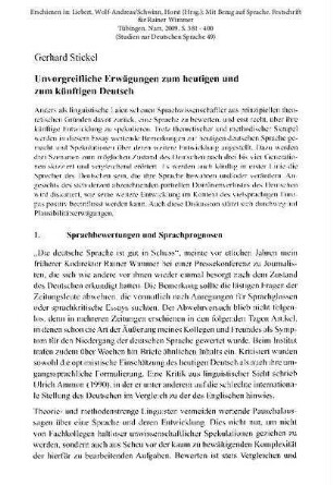 Unvorgreifliche Erwägungen zum heutigen und zum künftigen Deutsch