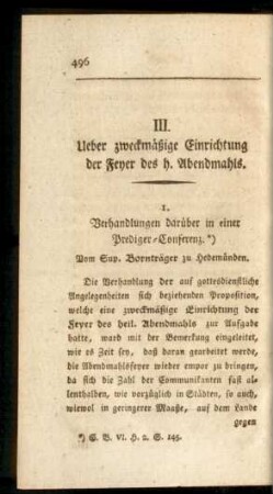 III. Ueber zweckmäßige Einrichtung der Feyer des h. Abendmahls.
