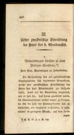 III. Ueber zweckmäßige Einrichtung der Feyer des h. Abendmahls.
