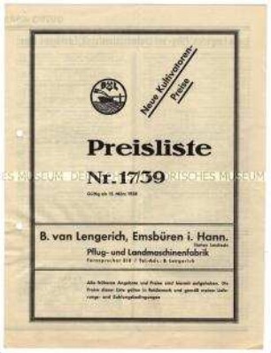 Preisliste über landwirtschaftliche Maschinen und Geräte
