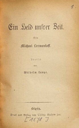 Ein Held unserer Zeit : Deutsch von Wilhelm Lange