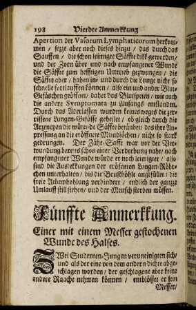 Fünffte Anmerkkung. Einer mit einem Messer gestochenen Wunde des Halses.