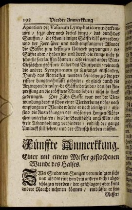Fünffte Anmerkkung. Einer mit einem Messer gestochenen Wunde des Halses.