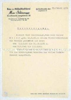 Bescheinigung über die Anstellung als Tischler bei einer Möbeltischlerei während des 2. Weltkrieges - Personenkonvolut