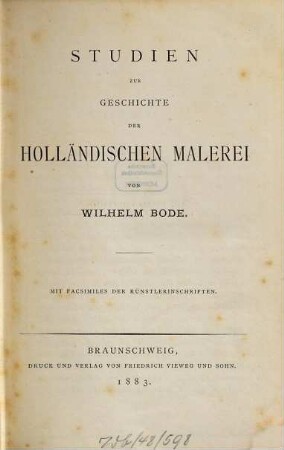 Studien zur Geschichte der holländischen Malerei : mit Facsimiles der Künstlerinschriften