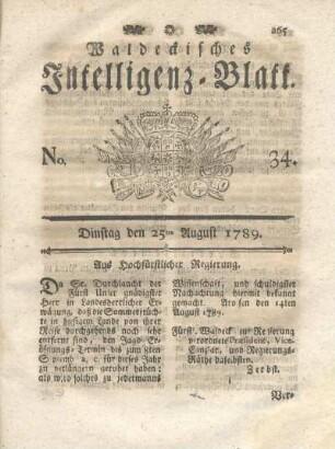 No. 34, Dinstag den 25ten August 1789
